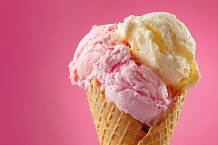 A delightful ice cream cone featuring pink, white, and cream flavors against a vibrant pink backdrop, perfect for romantic celebrations and sweet moments together.の素材