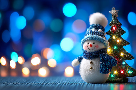 A charming snowman figure stands beside a colorful Christmas tree, surrounded by a beautiful bokeh background, perfect for holiday greetings and seasonal decor.の素材