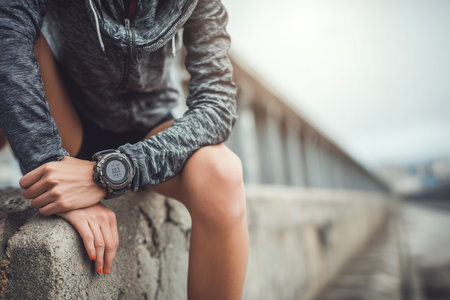 A close-up image of a fitness watch on a woman's wrist, showcasing an active lifestyle against an urban backdrop. This dynamic shot highlights health and performance tracking.の素材