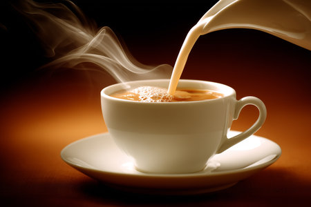 A serene moment captures creamy milk being poured into a warm cup of coffee, creating beautiful steam swirls. Perfect for warmth and comfort themes.の素材