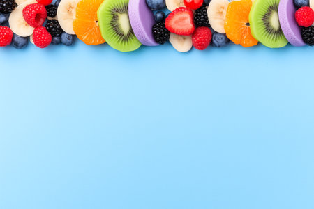 A vibrant and colorful arrangement of tropical fruits on a pastel blue background. This minimalist composition highlights the freshness and sweetness of the fruits, perfect for summer.の素材