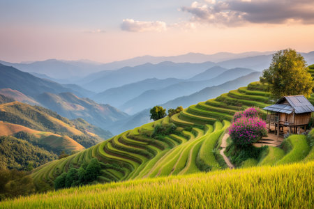 Explore the serene beauty of rice terraces in Southeast Asia, showcasing vibrant greenery set against majestic mountains and a tranquil sky.の素材