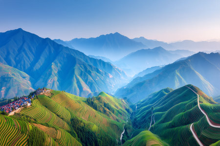 Capture the breathtaking beauty of rice terraces nestled among mountains in Southeast Asia, showcasing lush greenery and tranquil landscapes at sunrise.の素材