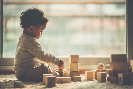 A heartwarming scene of a child deeply engaged in building with wooden blocks on the carpet, capturing innocence and creativity in a cozy, sunlit environment.の素材