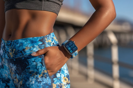 A vibrant fitness tracker on a woman's wrist showcases her active lifestyle, emphasizing health and performance while she wears colorful athletic clothing against a serene outdoor backdrop.の素材