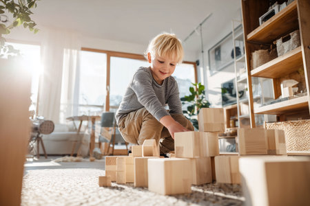 A cheerful child enjoys a creative moment playing with wooden blocks on a cozy carpet, surrounded by soft sunlight and a nurturing home environment.の素材