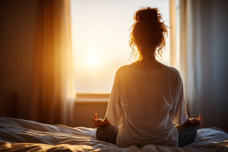 Embrace tranquility with a morning yoga session by the window, bathed in soft sunlight. This peaceful indoor setting captures a moment of relaxation and mindfulness.の素材