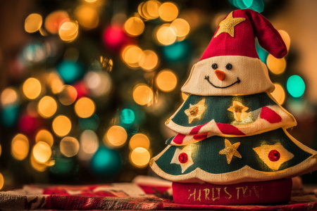 A charming decorative lamp shaped like a Christmas tree with a snowman design, set against a soft bokeh background. Perfect for festive home decor!の素材
