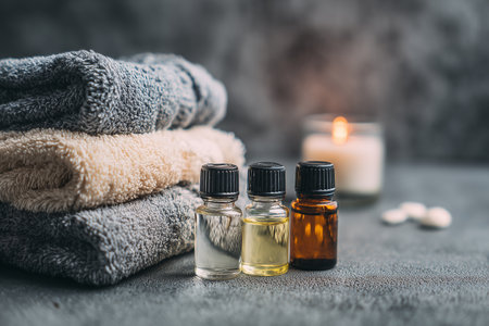 Discover a serene spa setup featuring essential oils, soft towels, and a calming candle for ultimate relaxation. Perfect for wellness and beauty rituals.の素材