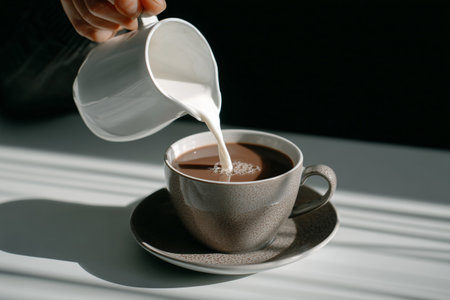 A close-up shot of a hand pouring creamy milk into a warm coffee cup, capturing a moment of coffee preparation. The soft light enhances the textures, evoking comfort and cozy vibes.の素材