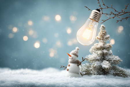 A delightful winter scene featuring a snowman beside a beautifully lit Christmas tree, enhanced by a glowing vintage light bulb.の素材