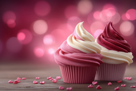 Two charming pink and white cupcakes adorned with sweet swirls and tiny heart sprinkles, perfect for celebrating love on Valentine's Day.の素材