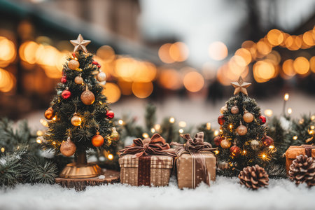 A charming scene depicting festive miniature Christmas trees adorned with ornaments and surrounded by beautifully wrapped gift boxes, capturing the delightful spirit of the holiday season.の素材