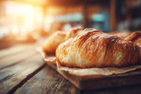Enjoy a delightful scene of freshly baked croissants nestled on rustic paper, illuminated by warm morning light, perfect for food photography and culinary projects.の素材