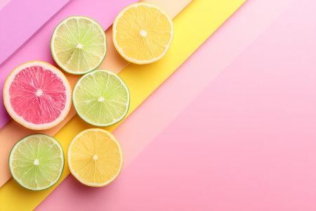 Brightly colored slices of tropical fruits arranged on a pastel background create a cheerful and minimalist composition. Perfect for health, summer themes.の素材