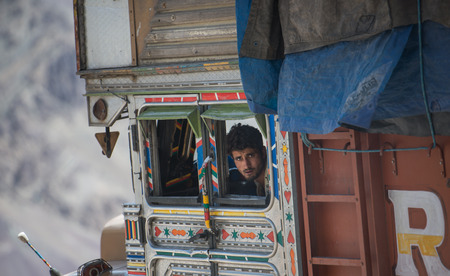Leh Ladakh , India - August 6, 2015 : Unidentified people in truck  in Leh Ladakh, Indiaのeditorial素材
