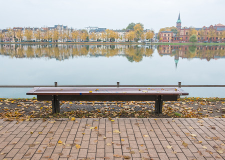 Wooden bench at Schwerin cityの写真素材