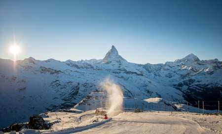 Switzerland Alps Matterhorn Snow Mountains at Gornergrat bahn train station, Zermatt, Switzerlandの写真素材