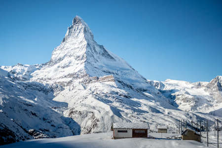 Switzerland Alps Matterhorn Snow Mountains at Gornergrat bahn train station, Zermatt, Switzerlandの写真素材