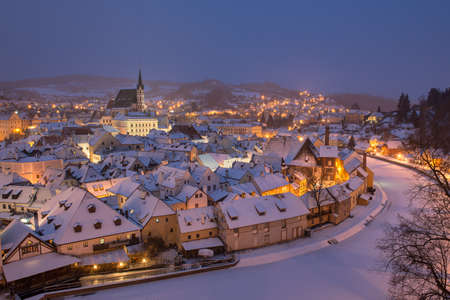 Winter view old Town of Cesky Krumlov and Church in Cesky Krumlov, Czech republic