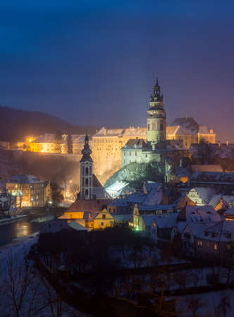 Winter view old Town of Cesky Krumlov and Church in Cesky Krumlov, Czech republicのeditorial素材