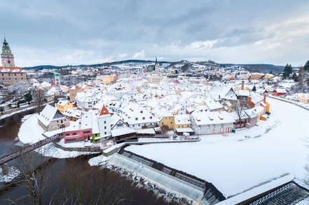Winter view old Town of Cesky Krumlov and Church in Cesky Krumlov, Czech republicの写真素材