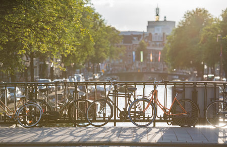 Sunlight over bicycles on the bridge, Amsterdam, Netherlandsの写真素材