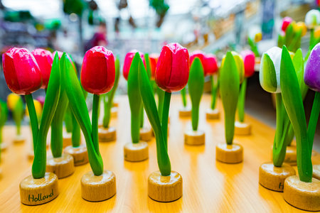 Wooden tulips at floating flower market in Amsterdam, Netherlandsの写真素材