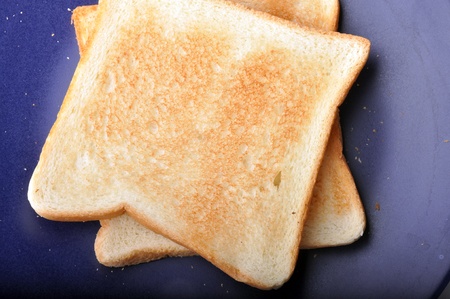 Two pieces of toast are on blue dish isolated on white background.