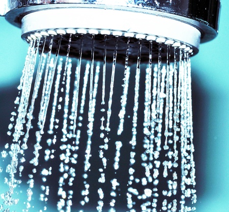 Close up water sprays out of shower head isolate on background.の写真素材