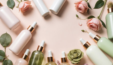 Aesthetic flat lay featuring skincare products, including serums and lotions, arranged with roses on a pastel pink background.の素材
