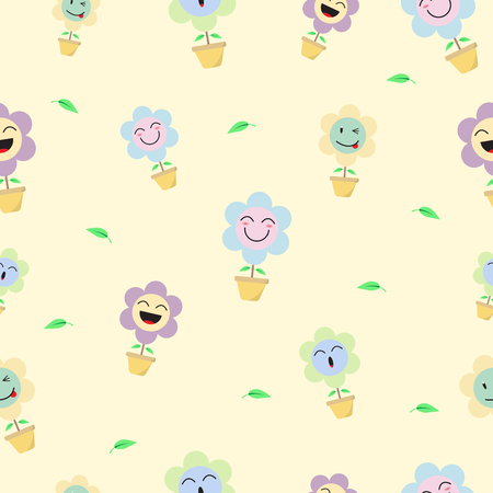 Cute Pastel Flower Emoji Seamless Pattern Background  Designed as 4 Happy Facial Expressions, Smile, Laugh, Ho Ho, Wink. Useful For General Delight & Fun Cartoon And Emotional Reaction Of Enjoyment.のイラスト素材