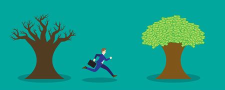 Business Concept As A Businessman Is Running From A Dead Tree To A Money Tree. It Means Leaving From An Expired/Obsolete Industry And Starting To Harvest The Prosperous One.のイラスト素材