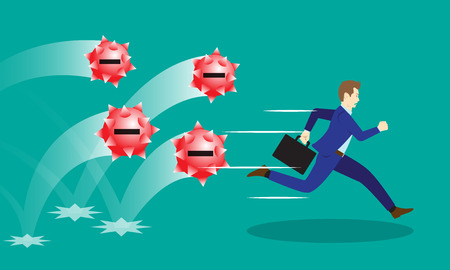 Business Concept As A Businessman Is Running Hurriedly From Bouncing Red Negativity Spiky  Steel Balls. It Means Trying To Avoid Dangerous Negative Attitudes From The Others.のイラスト素材