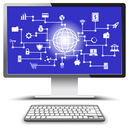 Vector Fintech White Icons Around A Globe Involving In Financial Technology, Banking, And Investment With Blue Background On A Realistic PC Monitor Screen With Keyboard.のイラスト素材