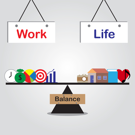 Vector Business Concept As Illustration Of Work & Life Board Are Hung Above And Black Seesaw Is Balancing Five Business Icons And Five Leisure Icons Equally On Gray Background Means Work Life Balance.のイラスト素材