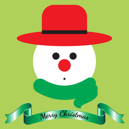 Vector Illustration Of Merry Christmas, Isolated Snowman Face Wearing Hat And Scarf Cute Expression With Shinning Green Ribbon On Light Green Background As Greeting Card For Happy Winter And Holidayのイラスト素材