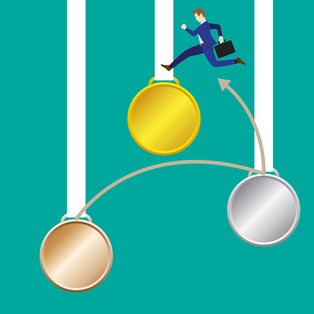 Business Concept As A Businessman Is Highly Jumping Across From Hanging Bronze, Silver To Gold Medals Respectively. It Means Continuing Achieve, Succeed More Significant, Valuable, Great Goal のイラスト素材