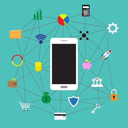 Vector illustration of white smartphone surrounded by colorful fintech flat icons on green backgroundのイラスト素材