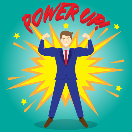 Business Concept As A Full-Energy Businessman Is Powering Up To Be Stronger As Bigger Arms And Biceps With Boom Effect At The Back. It Means Enhancing, Strengthening Self Performance For Achievement.のイラスト素材