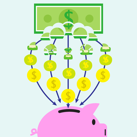 Vector Illustration Of A Banknote Is Slowly Transforming Into Coins Piece Bu Piece And Get In A Pink Piggy Bank On Light Blue Background Involving In Banking, Saving, Transferring And Investmentのイラスト素材