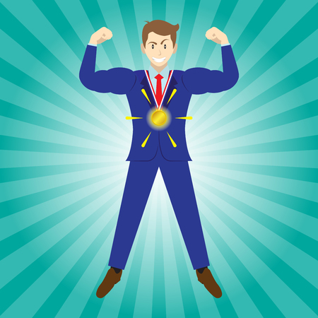 Business concept as a full energy muscular businessman wears a glowing shining gold medal.のイラスト素材