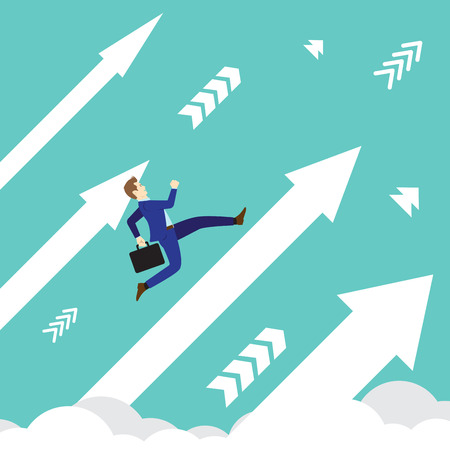 Business concept designed as a businessman is running upward in high speed on white arrows among the sky.のイラスト素材