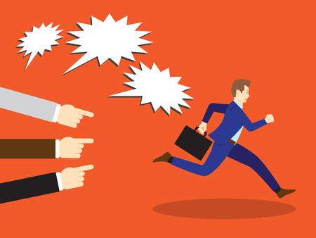 Vector Illustration Business Concept Designed As A Businessman Is Running Away From Others Accusation With Pointing And Shouting At Him. He Is Escaping from Seriously Criticism And Blame.のイラスト素材