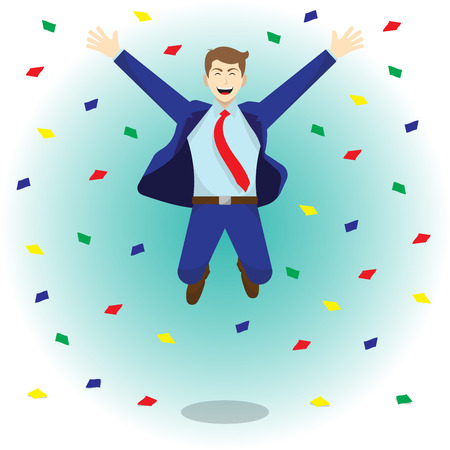 Vector Illustration Business Concept As A Happy Businessman Is Highly Jumping Among Colorful Piece Of Papers. He Is Delightful And Pleasure What He Achieves, Succeeds, Attains; Full Of Self Esteem.のイラスト素材