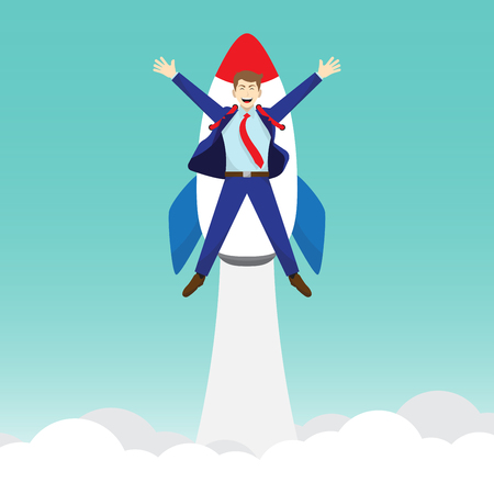 Business Concept As A Happy Businessman Is Attached To A Rocket Launching Into The Sky.のイラスト素材