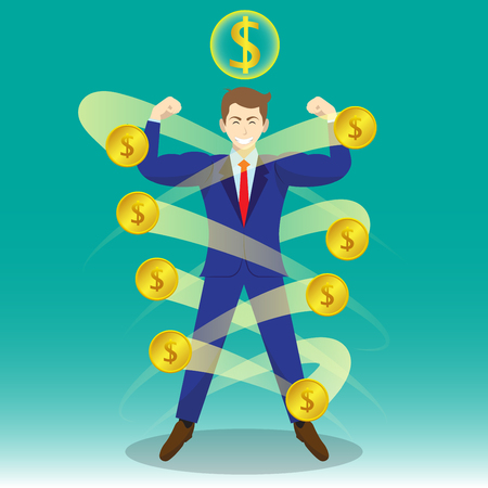 Business Concept As A Full-Energy Muscular Businessman Is Surrounded By Golden Coins With Dollar Sign Above.のイラスト素材