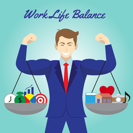 Vector business concept as illustration of five business icons And five leisure icons. Hanging on both arms of muscular businessman. Equally level on blue background. Represents work life balance.のイラスト素材