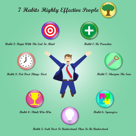 Vector Illustration A Jumping Businessman Is Surrounded By Chart Of 7 Habits Of Highly Effective People With 8 Icons Meant For Success, Goal Attainment, Ethical Character, Paradigm, Self Improvement.のイラスト素材