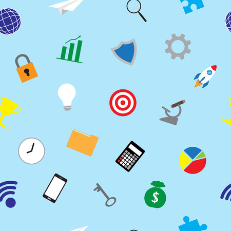 Vector Illustration Business Icons Colorful Seamless Pattern Background  Designed as Multiple Objects Involved In Work, Startup, Finance, Data Security, Entrepreneurship, Management, Achievement. のイラスト素材